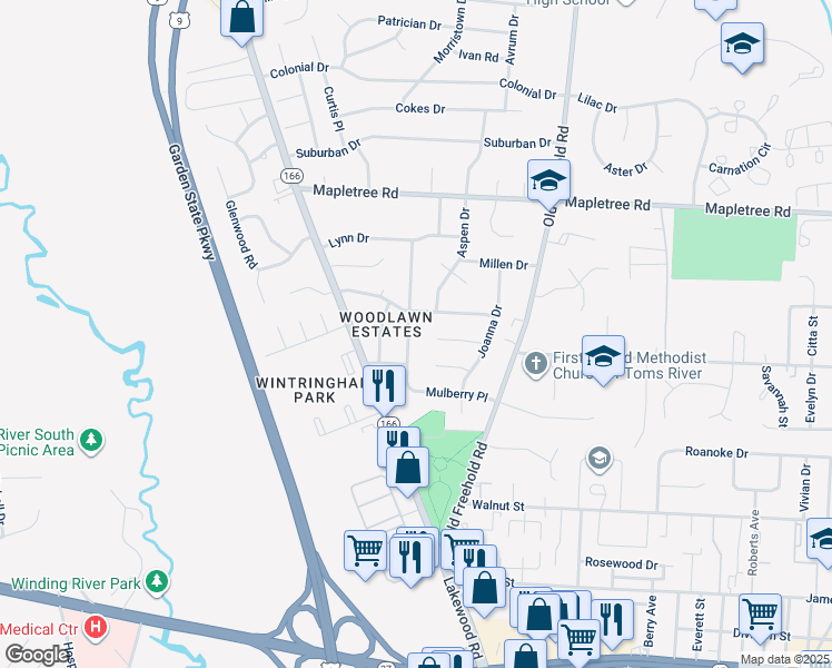 map of restaurants, bars, coffee shops, grocery stores, and more near 1056 Mulberry Place in Toms River