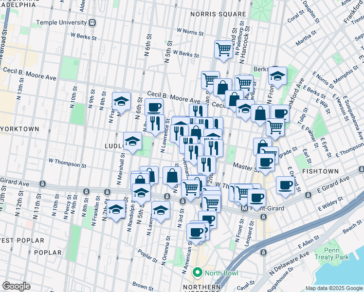 map of restaurants, bars, coffee shops, grocery stores, and more near 1438 Germantown Avenue in Philadelphia