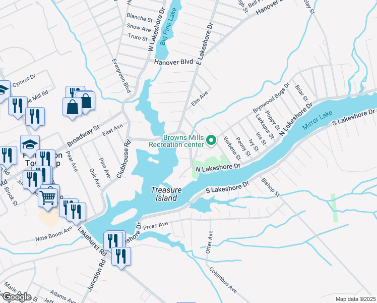 map of restaurants, bars, coffee shops, grocery stores, and more near 120 Clubhouse Road in Burlington County