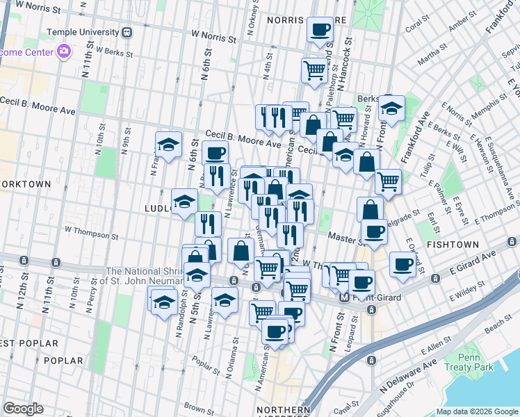 map of restaurants, bars, coffee shops, grocery stores, and more near 1432 Cadwallader Street in Philadelphia