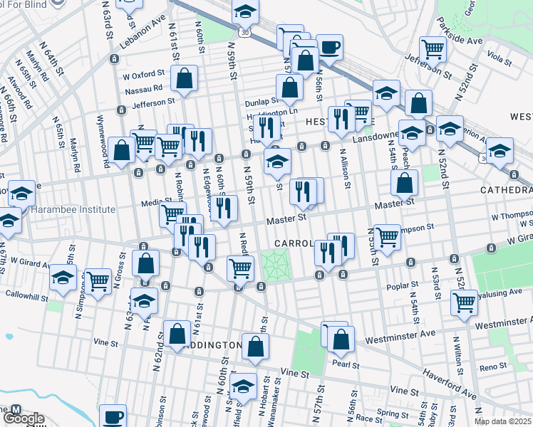map of restaurants, bars, coffee shops, grocery stores, and more near 1415 North Hobart Street in Philadelphia