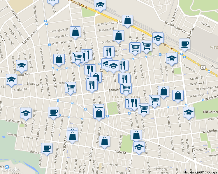 map of restaurants, bars, coffee shops, grocery stores, and more near 1415 North Hobart Street in Philadelphia