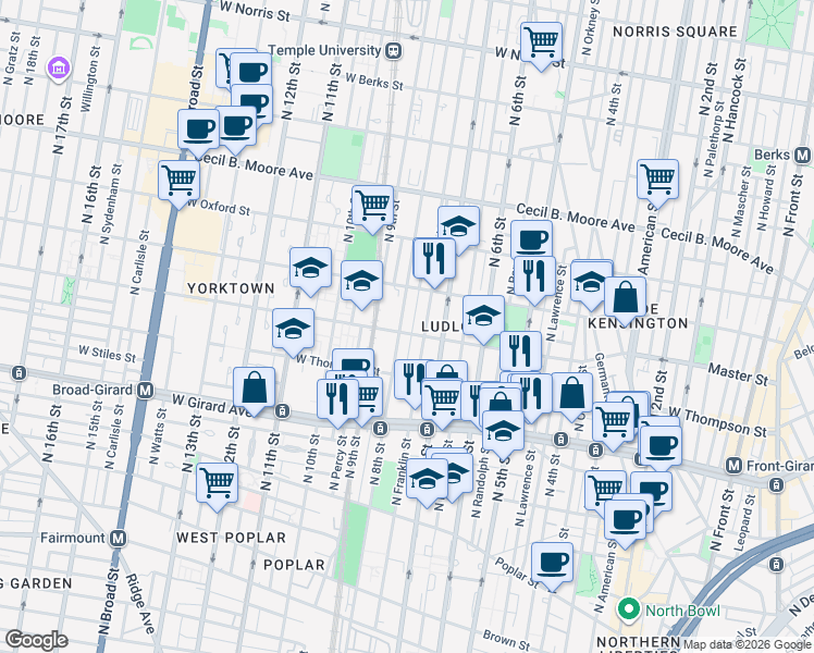 map of restaurants, bars, coffee shops, grocery stores, and more near 1412 North Franklin Street in Philadelphia
