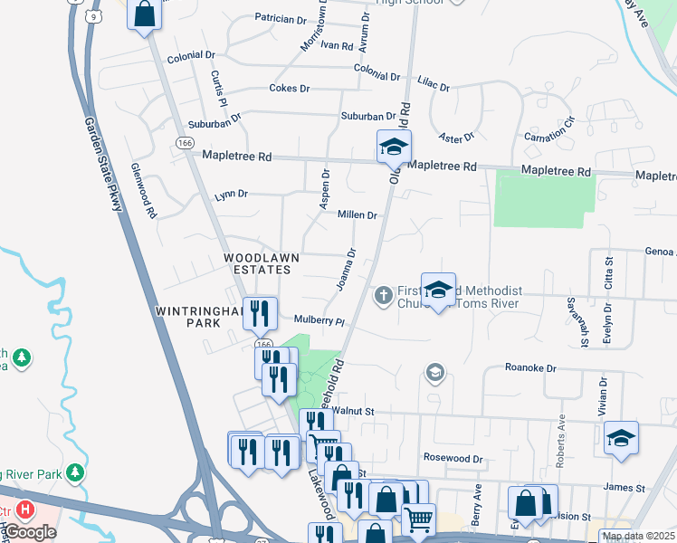 map of restaurants, bars, coffee shops, grocery stores, and more near 78 Theresa Court in Toms River