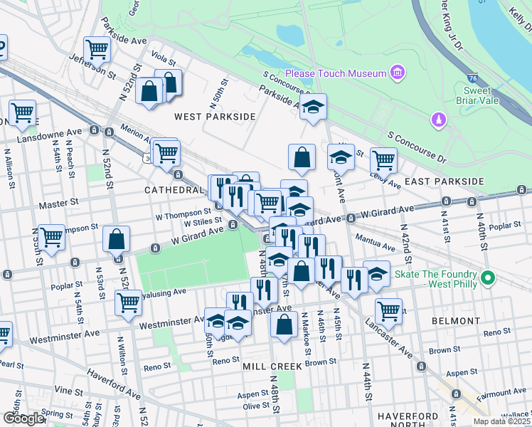 map of restaurants, bars, coffee shops, grocery stores, and more near 4805 Merion Avenue in Philadelphia