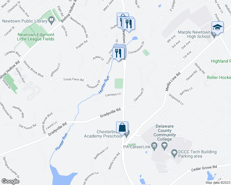 map of restaurants, bars, coffee shops, grocery stores, and more near 107 Camelot Lane in Newtown Square