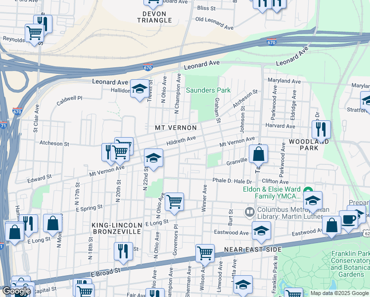 map of restaurants, bars, coffee shops, grocery stores, and more near 1290 Mount Vernon Avenue in Columbus