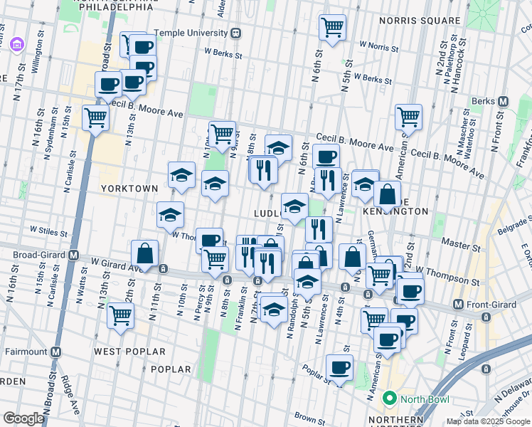 map of restaurants, bars, coffee shops, grocery stores, and more near 1410 North 7th Street in Philadelphia