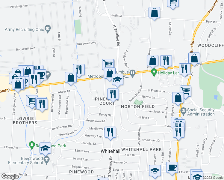 map of restaurants, bars, coffee shops, grocery stores, and more near 4320 Yearling Circle in Whitehall
