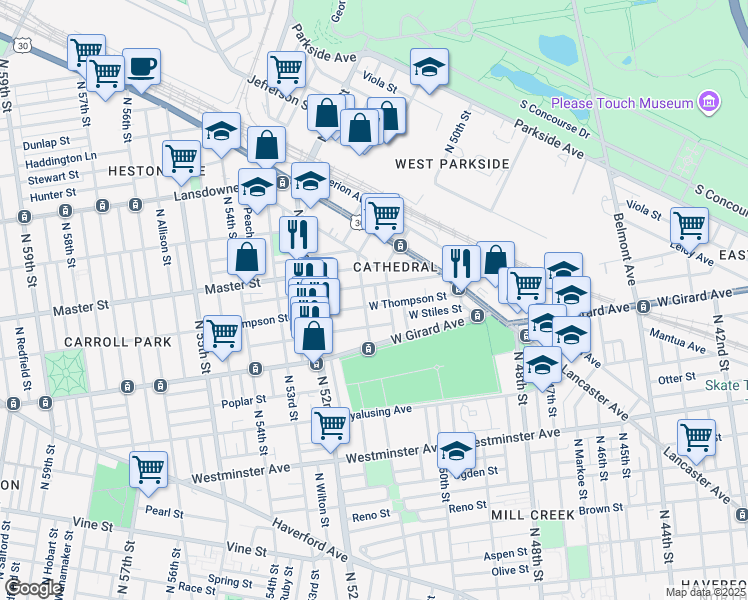 map of restaurants, bars, coffee shops, grocery stores, and more near 1304 Farson Street in Philadelphia