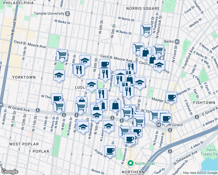 map of restaurants, bars, coffee shops, grocery stores, and more near 1438 North Lawrence Street in Philadelphia