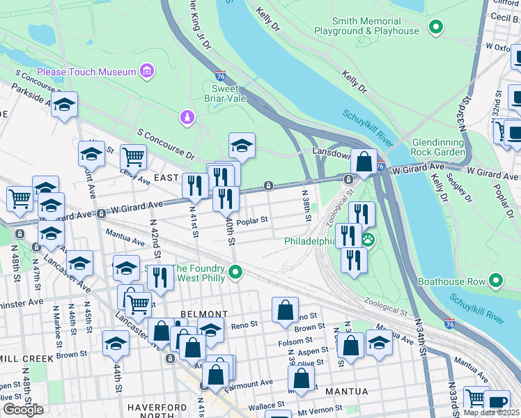 map of restaurants, bars, coffee shops, grocery stores, and more near 3916 Cambridge Street in Philadelphia