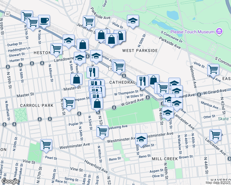map of restaurants, bars, coffee shops, grocery stores, and more near 1304 Farson Street in Philadelphia