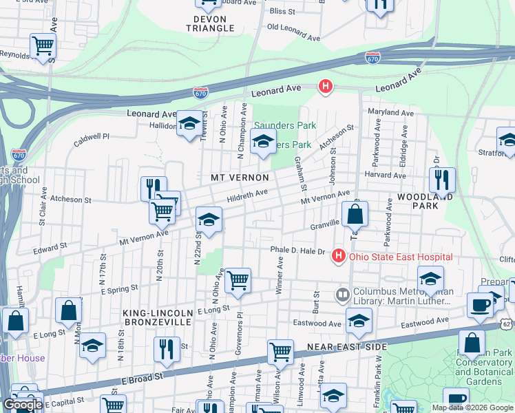 map of restaurants, bars, coffee shops, grocery stores, and more near 1290 Mount Vernon Avenue in Columbus