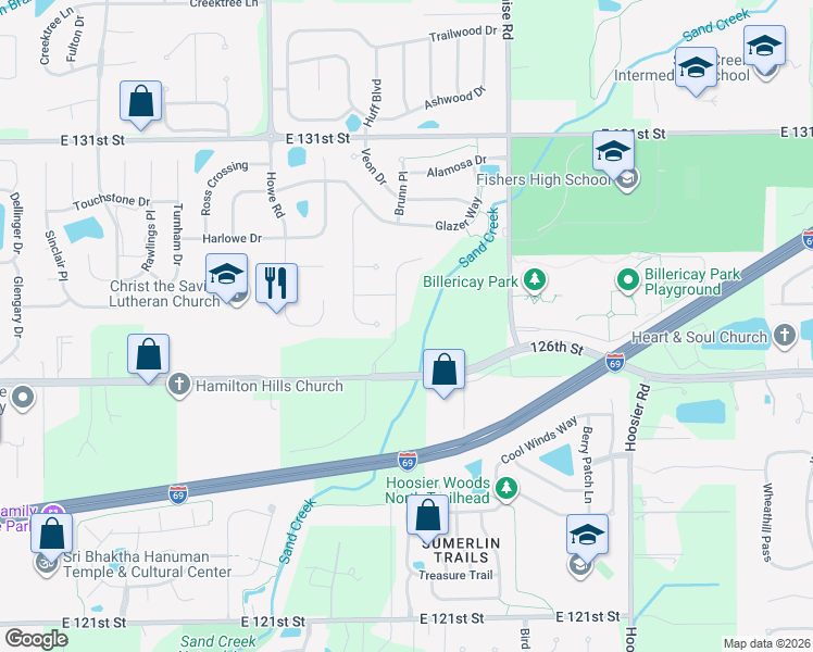map of restaurants, bars, coffee shops, grocery stores, and more near 10862 Arvada Place in Fishers