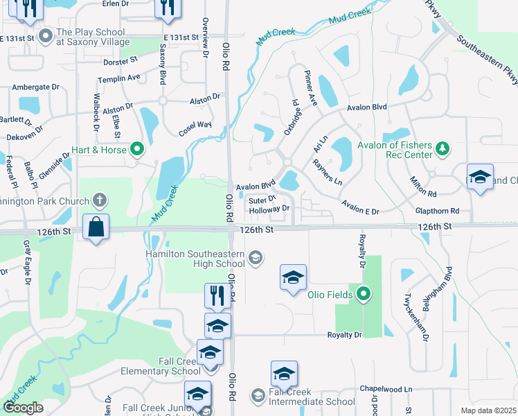 map of restaurants, bars, coffee shops, grocery stores, and more near 12674 Hollice Lane in Fishers