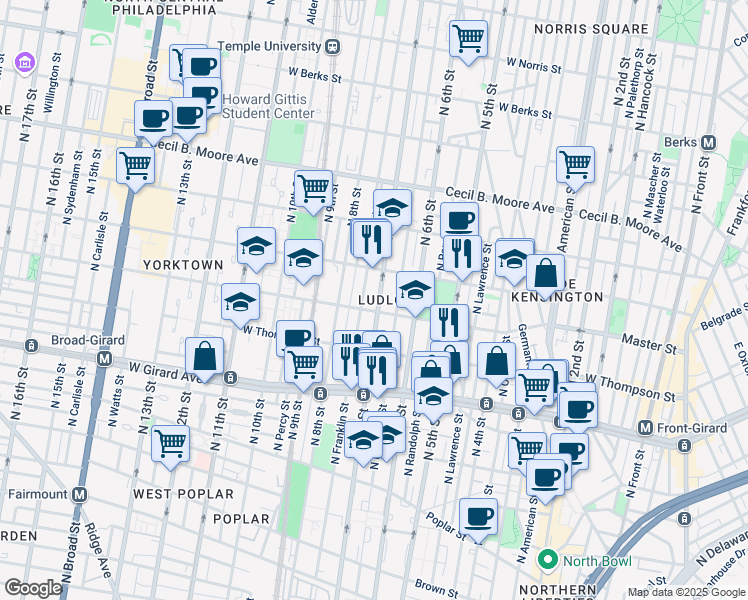 map of restaurants, bars, coffee shops, grocery stores, and more near 1412 North 7th Street in Philadelphia