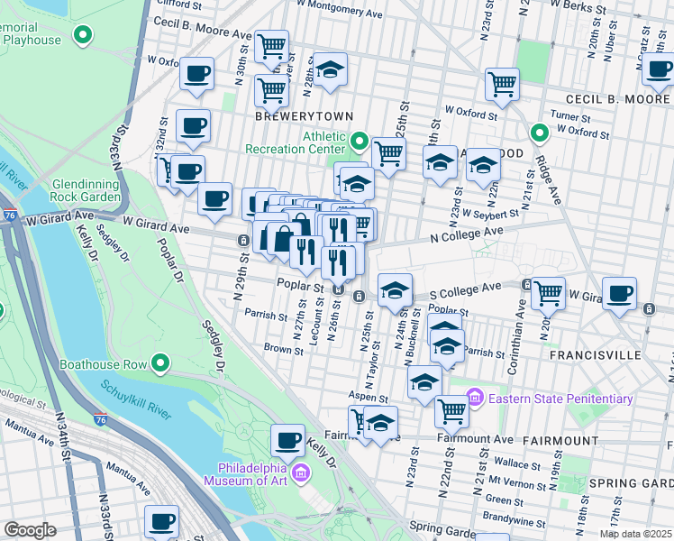 map of restaurants, bars, coffee shops, grocery stores, and more near 932 North 26th Street in Philadelphia