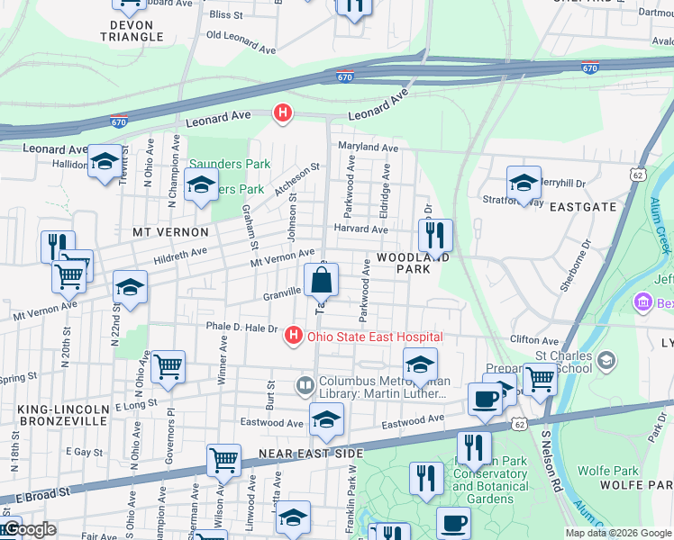 map of restaurants, bars, coffee shops, grocery stores, and more near 1560 Granville Street in Columbus