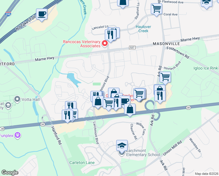 map of restaurants, bars, coffee shops, grocery stores, and more near 902B Sedgefield Drive in Mount Laurel Township