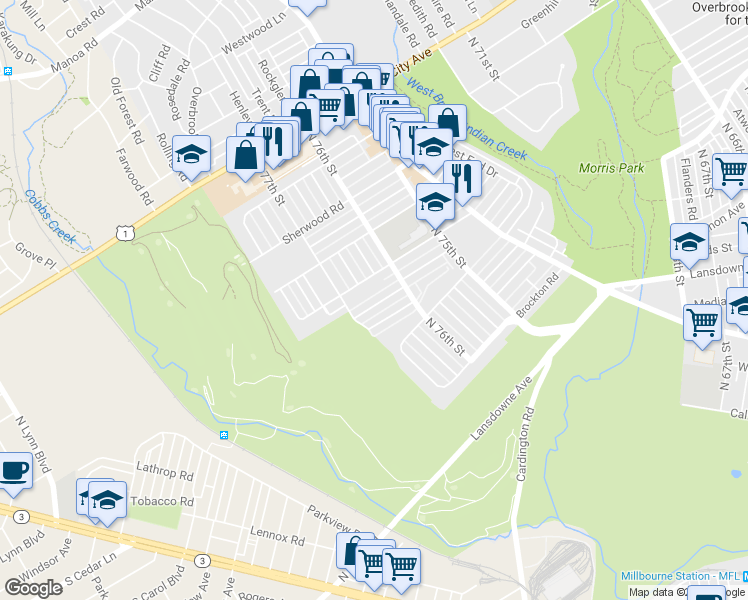 map of restaurants, bars, coffee shops, grocery stores, and more near 7645 Woodcrest Avenue in Philadelphia