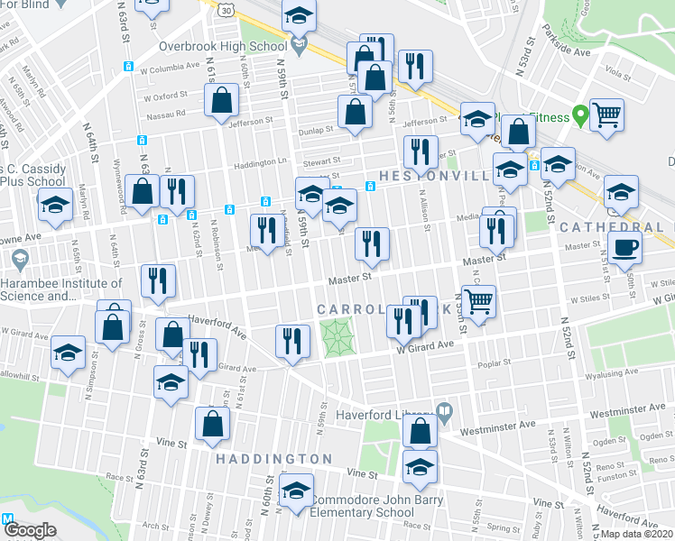 map of restaurants, bars, coffee shops, grocery stores, and more near 1413 North Wanamaker Street in Philadelphia