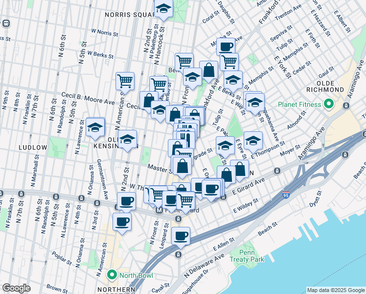 map of restaurants, bars, coffee shops, grocery stores, and more near 1518 Frankford Avenue in Philadelphia