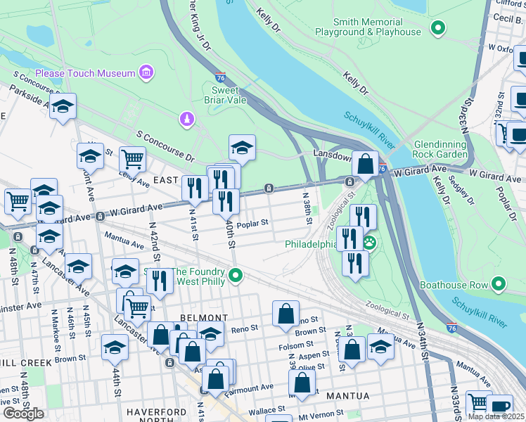 map of restaurants, bars, coffee shops, grocery stores, and more near 3912 Cambridge Street in Philadelphia