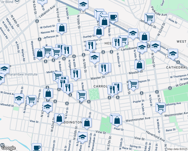 map of restaurants, bars, coffee shops, grocery stores, and more near 1413 North Wanamaker Street in Philadelphia