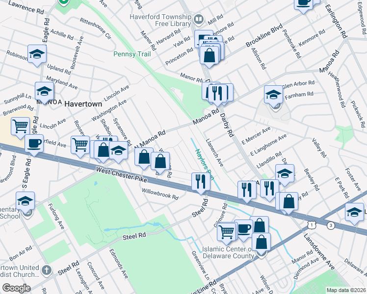 map of restaurants, bars, coffee shops, grocery stores, and more near 816 Naylors Run Road in Havertown