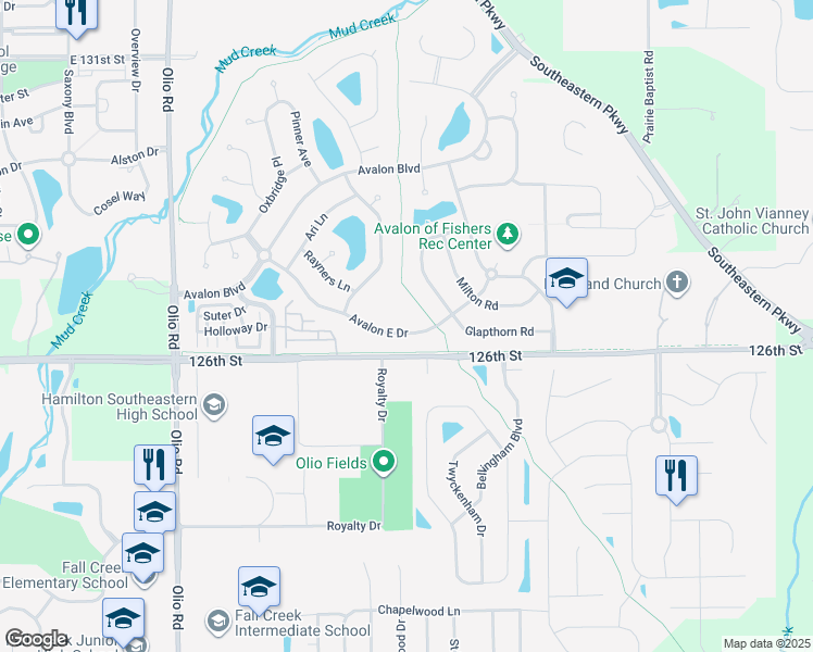 map of restaurants, bars, coffee shops, grocery stores, and more near 14146 Avalon East Drive in Fishers