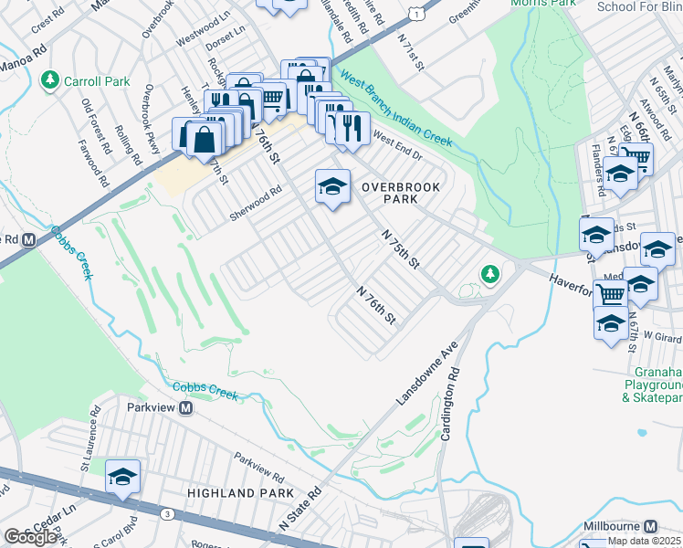 map of restaurants, bars, coffee shops, grocery stores, and more near 7605 Wyndale Avenue in Philadelphia