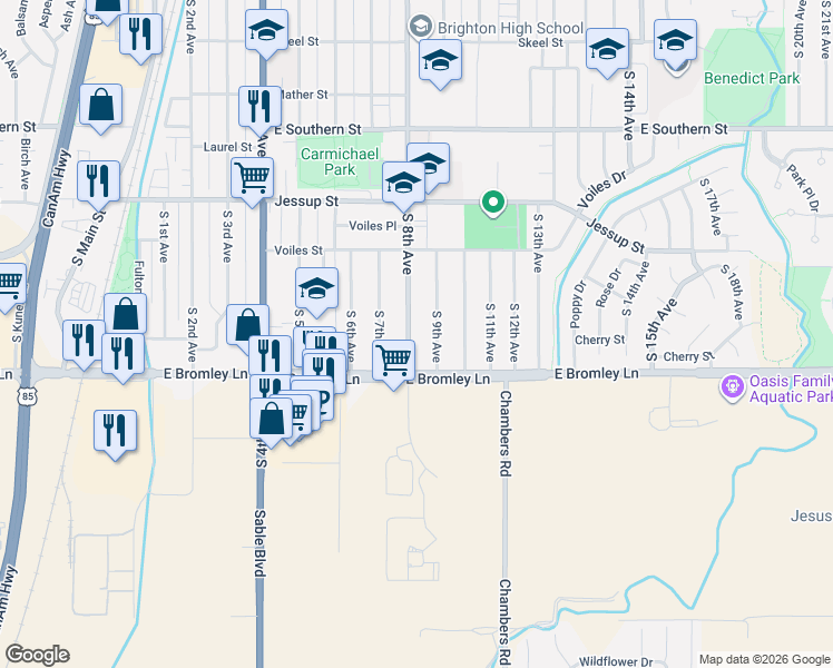 map of restaurants, bars, coffee shops, grocery stores, and more near 834 South 8th Avenue in Brighton