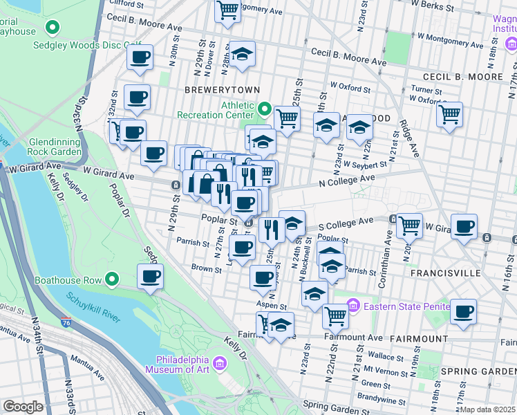 map of restaurants, bars, coffee shops, grocery stores, and more near 940 North Bambrey Street in Philadelphia