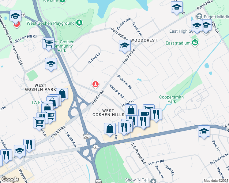 map of restaurants, bars, coffee shops, grocery stores, and more near 442 Veronica Road in West Chester
