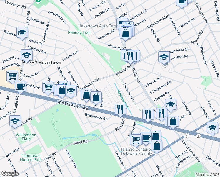 map of restaurants, bars, coffee shops, grocery stores, and more near 816 Naylors Run Road in Havertown