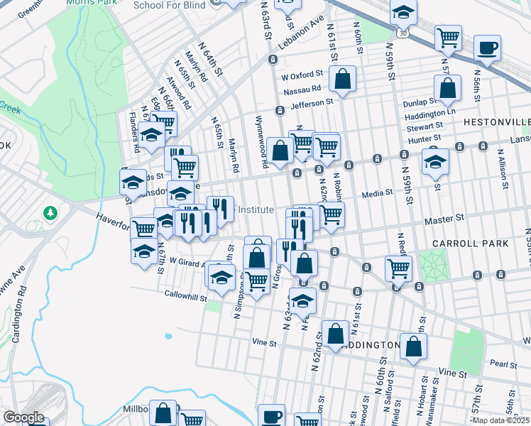 map of restaurants, bars, coffee shops, grocery stores, and more near 637 North 64th Street in Philadelphia