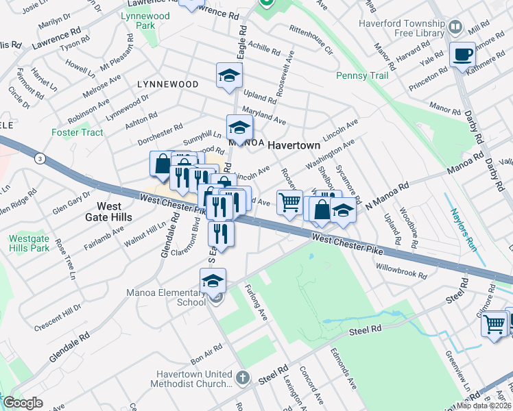 map of restaurants, bars, coffee shops, grocery stores, and more near 1212 Garfield Avenue in Havertown
