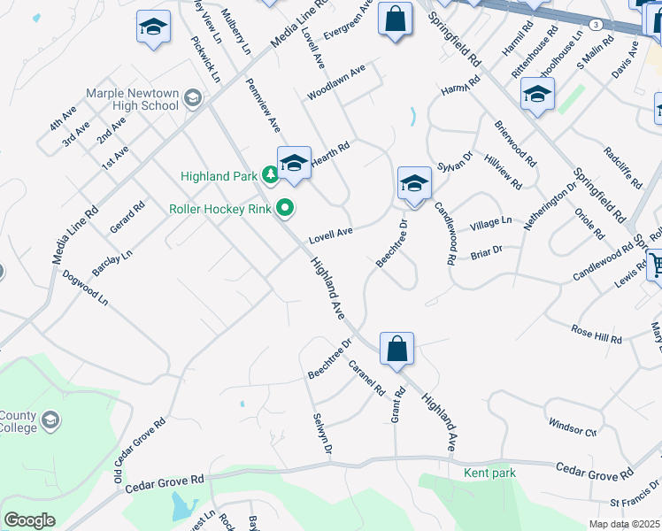 map of restaurants, bars, coffee shops, grocery stores, and more near 2791 Highland Avenue in Broomall
