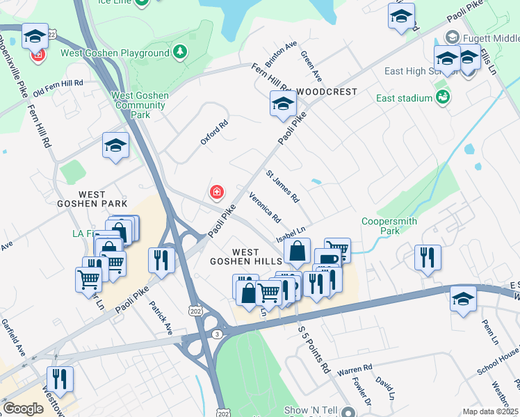 map of restaurants, bars, coffee shops, grocery stores, and more near 442 Veronica Road in West Chester