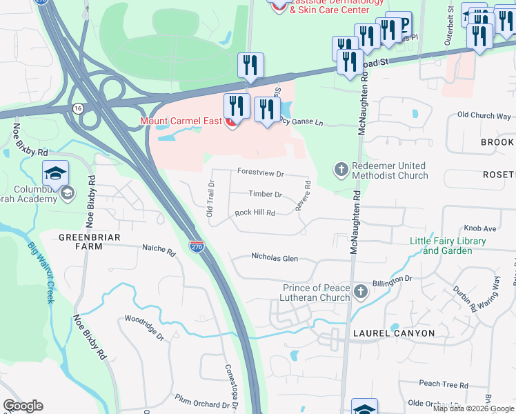 map of restaurants, bars, coffee shops, grocery stores, and more near 5890 Rock Hill Road in Columbus