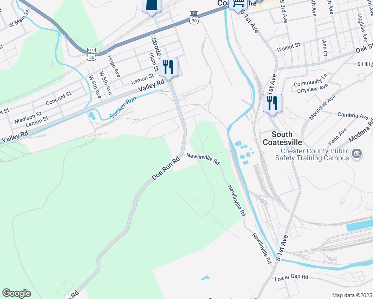 map of restaurants, bars, coffee shops, grocery stores, and more near 365 Strode Avenue in Coatesville