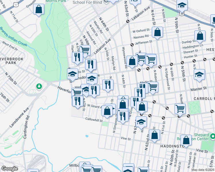 map of restaurants, bars, coffee shops, grocery stores, and more near 655 North 65th Street in Philadelphia