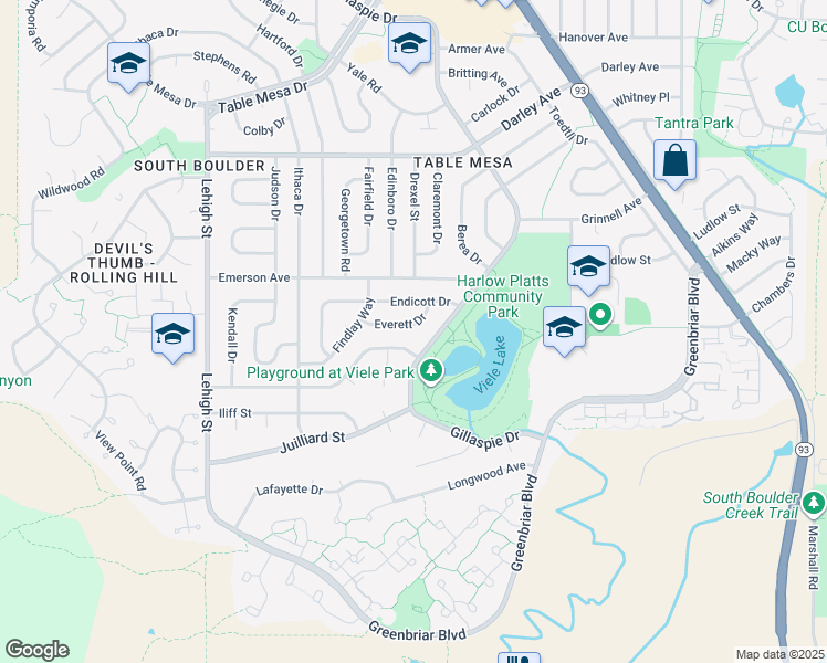 map of restaurants, bars, coffee shops, grocery stores, and more near 3510 Everett Drive in Boulder