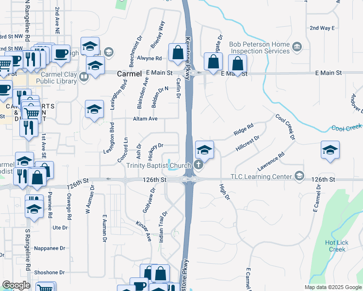 map of restaurants, bars, coffee shops, grocery stores, and more near 537 Melark Drive in Carmel