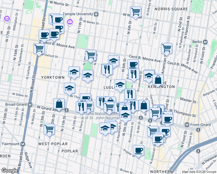 map of restaurants, bars, coffee shops, grocery stores, and more near 1414 North 7th Street in Philadelphia