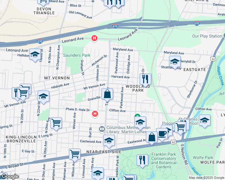 map of restaurants, bars, coffee shops, grocery stores, and more near 1560 Granville Street in Columbus
