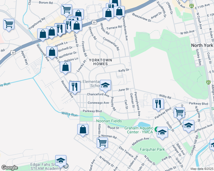 map of restaurants, bars, coffee shops, grocery stores, and more near 801 Chanceford Avenue in York