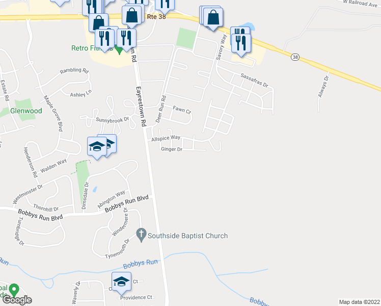 map of restaurants, bars, coffee shops, grocery stores, and more near 68 Ginger Drive in Lumberton