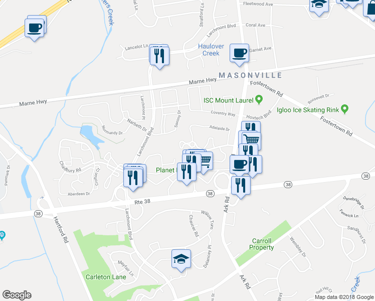 map of restaurants, bars, coffee shops, grocery stores, and more near 1681A Thornwood Drive in Mount Laurel Township